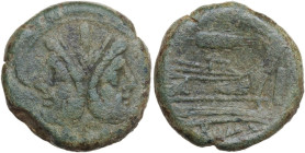 Corn-ear (third) series. AE As, Sicily, c. 190 BC. Obv. Laureate head of Janus; above, mark of value. Rev. Prow right; above, corn-ear; before, [mark ...