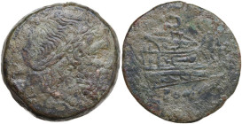 Fourth L series. AE Semis, Luceria mint, c. 206-195 BC. Obv. Laureate head of Saturn right; below, L. Rev. Prow right; above, S; before, L; below, ROM...