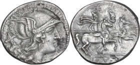 Staff first series. AR Denarius, uncertain Spanish mint (Tarraco?), 215 BC. Obv. Helmeted head of Roma right; behind, X. Rev. The Dioscuri galloping r...