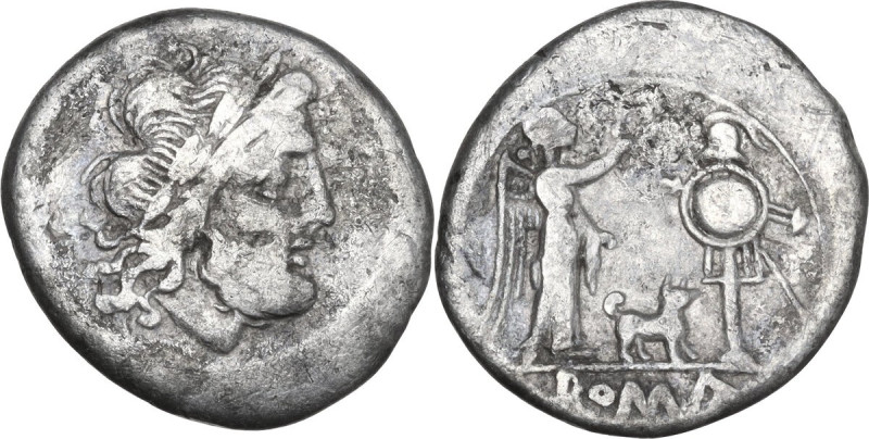 Dog series. AR Victoriatus, uncertain mint (Capua or Roma), 204 BC. Obv. Laureat...