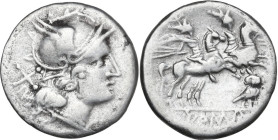Owl series. AR Denarius, uncertain Spanish mint, 207 BC. Obv. Helmeted head of Roma right; behind, X. Rev. The Dioscuri galloping right, stars as barr...