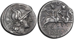Crescent second series. AR Denarius, Roma mint, 204 BC. Obv. Helmeted head of Roma right; behind, X. Rev. The Dioscuri galloping right; above, crescen...