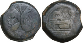 'Bull and MD' series. AE As, c. 189-180 BC. Obv. Head of Janus, laureate; above mark of value. Rev. Prow right; above, bull right and MD ligate. Befor...