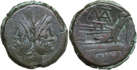 Matienus. AE As, c. 179-170 BC. Obv. Laureate head of Janus; above, mark of value. Rev. Prow right; above, MAT ligate. Before, mark of value and below...