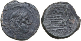 Matienus. AE Quadrans, 179-170 BC. Obv. Head of Hercules right, wearing lion's skin. Rev. Prow right; above MAT (ligate); to right, three pellets; bel...