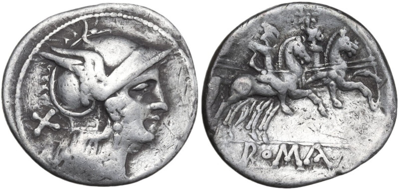 Anonymous. AR Fourrée (?) Denarius, Rome mint, 202 BC. Obv. Helmeted head of Rom...