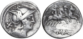 Anonymous. AR Fourrée (?) Denarius, Rome mint, 202 BC. Obv. Helmeted head of Rome right; behind, X. Rev. The Dioscuri galloping right (small horses re...