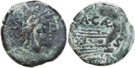 A. Caecilius. AE Semis, 169-158 BC. Obv. Laureate head of Saturn right; behind, S. Rev. Prow right; above, A. CAE; before, S; below, ROMA. Cr. 174/2. ...
