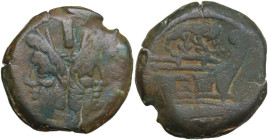 Wolf and twins series. AE As, c. 169-158 BC. Obv. Laureate head of Janus; above, I. Rev. Prow right; above, wolf and twins; before, I; below, ROMA. Cr...