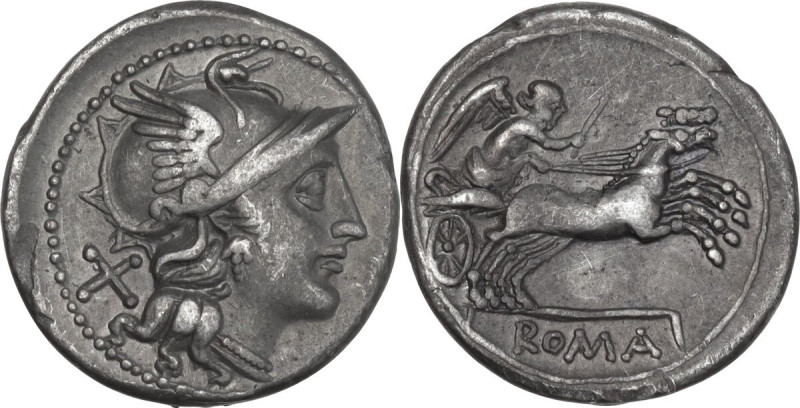 Anonymous. AR Denarius, 157-156 BC. Obv. Helmeted head of Roma right; behind, X....