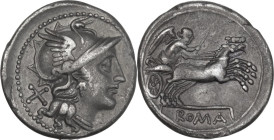 Anonymous. AR Denarius, 157-156 BC. Obv. Helmeted head of Roma right; behind, X. Rev. Victory in biga right, holding goad; below, ROMA (in frame). Cr....