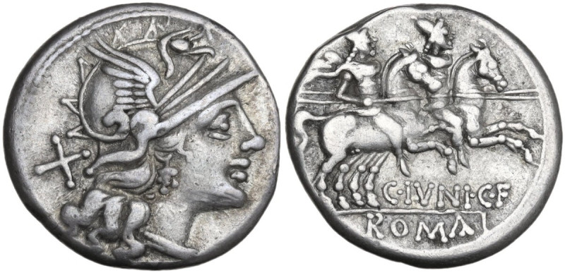 C. Junius C.f. AR Denarius, 149 BC. Obv. Helmeted head of Roma right; behind, X....