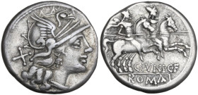 C. Junius C.f. AR Denarius, 149 BC. Obv. Helmeted head of Roma right; behind, X. Rev. The Dioscuri galloping right; below, C·IVNI·C·F ; in exergue or ...