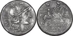 L. Sempronius Pitio. AR Denarius, 148 BC. Obv. Helmeted head of Roma right; behind, PITIO; below chin, X. Rev. The Dioscuri galloping right; below, L·...