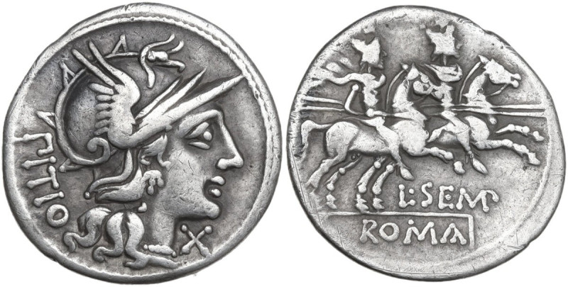 L. Sempronius Pitio. AR Denarius, 148 BC. Obv. Helmeted head of Roma right; behi...