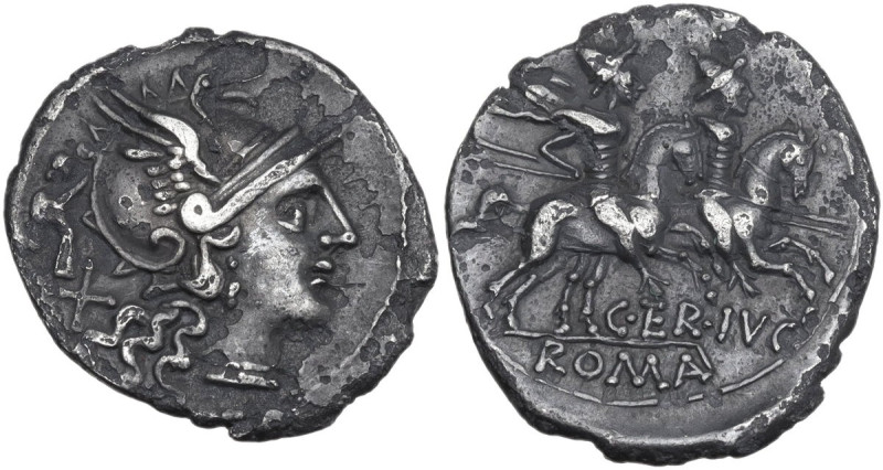 C. Terentius Lucanus. AR Denarius, 147 BC. Obv. Helmeted head of Roma right; X a...