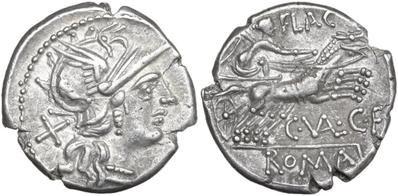C. Valerius Flaccus. AR Denarius, 140 BC. Obv. Helmeted head of Roma right; behi...