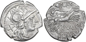 C. Valerius Flaccus. AR Denarius, 140 BC. Obv. Helmeted head of Roma right; behind, X. Rev. Victory in biga right; above, FLAC; below, C·VAL·C·F (VAL ...