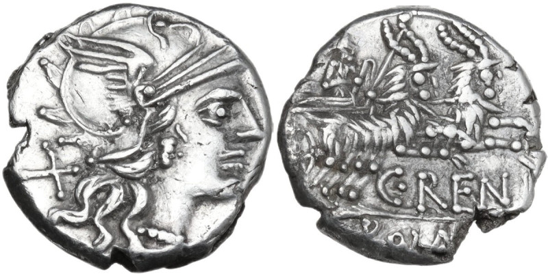 C. Renius. AR Denarius, 138 BC. Obv. Helmeted head of Roma right; behind, X. Rev...