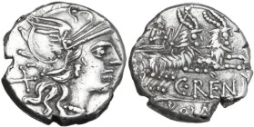 C. Renius. AR Denarius, 138 BC. Obv. Helmeted head of Roma right; behind, X. Rev. Juno in biga of goats right; below, C·RENI; in exergue, ROMA. Cr. 23...