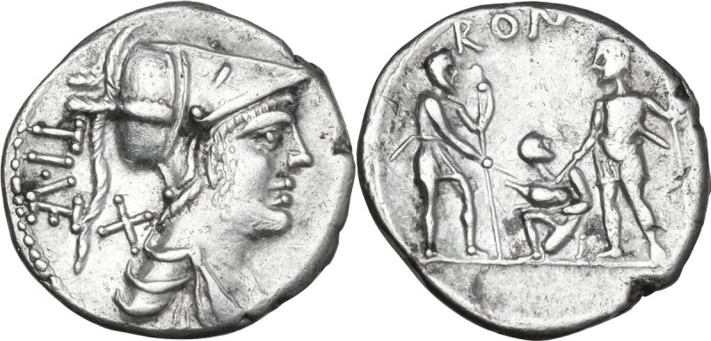 Ti. Veturius. AR Denarius, 137 BC. Obv. Helmeted and draped bust of Mars right; ...