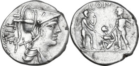 Ti. Veturius. AR Denarius, 137 BC. Obv. Helmeted and draped bust of Mars right; behind, X and TI·VET (VET ligate). Rev. Sacerdos fecialis kneeling lef...