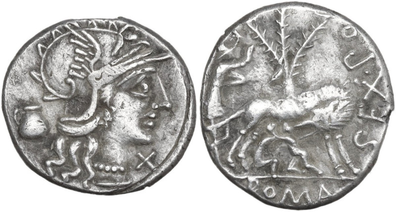 Sex. Pompeius Fostlus. AR Denarius, 137 BC. Obv. Helmeted head of Roma right; be...