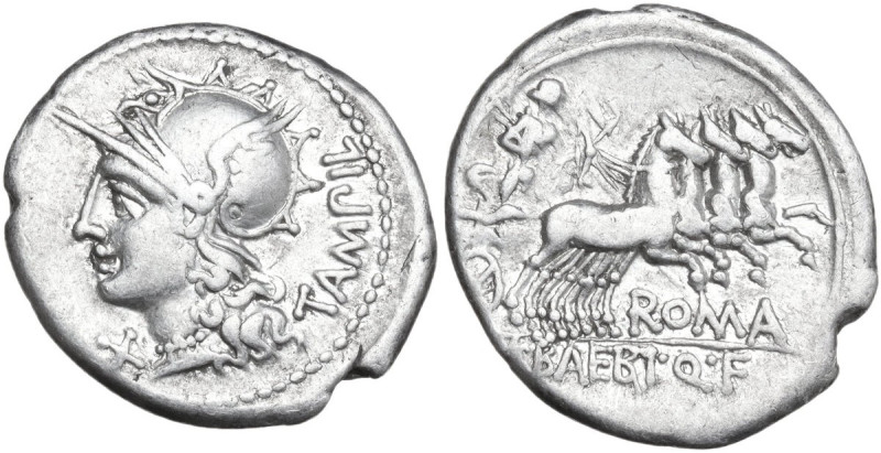 M. Baebius Q. f. Tampilus. AR Denarius, 137 BC. Obv. Helmeted head of Roma left ...