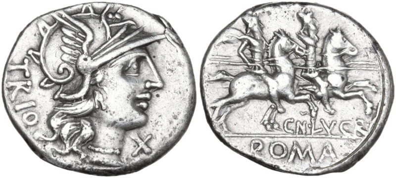 Cn. Lucretius Trio. AR Denarius, 136 BC. Obv. Helmeted head of Roma right with n...