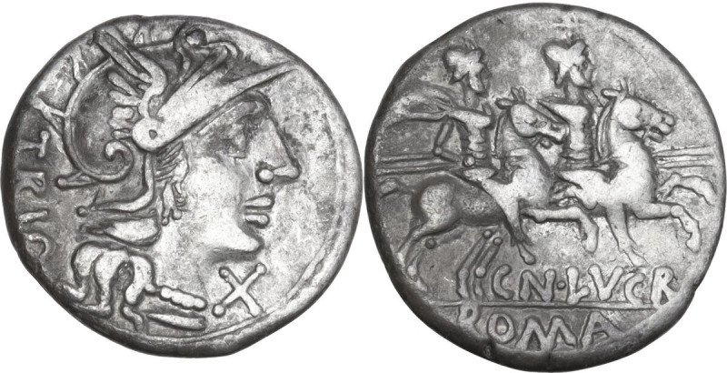 Cn. Lucretius Trio. AR Denarius, 136 BC. Obv. Helmeted head of Roma right with n...