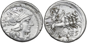 L. Antestius Gragulus. AR Denarius, 136 BC. Obv. Helmeted head of Roma right; behind, GRAG; below chin, barred X. Rev. Jupiter in biga right; below, L...