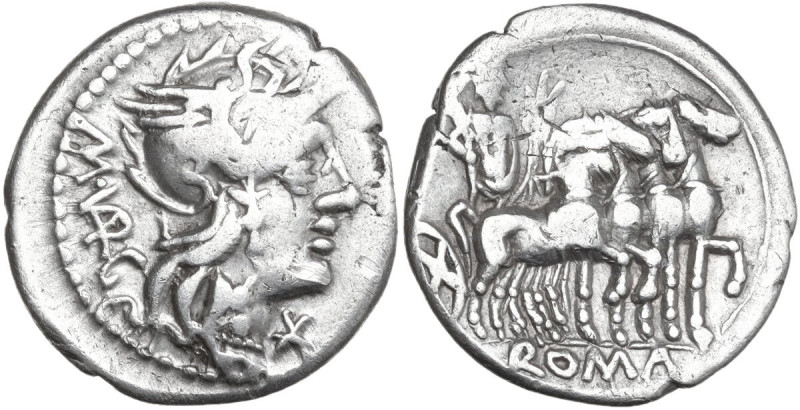 M. Vargunteius. AR Denarius, 130 BC. Obv. Helmeted head of Roma right; behind, M...