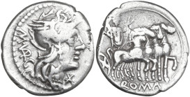 M. Vargunteius. AR Denarius, 130 BC. Obv. Helmeted head of Roma right; behind, M·VARG (VAR ligate); below chin, barred X. Rev. Jupiter in quadriga rig...