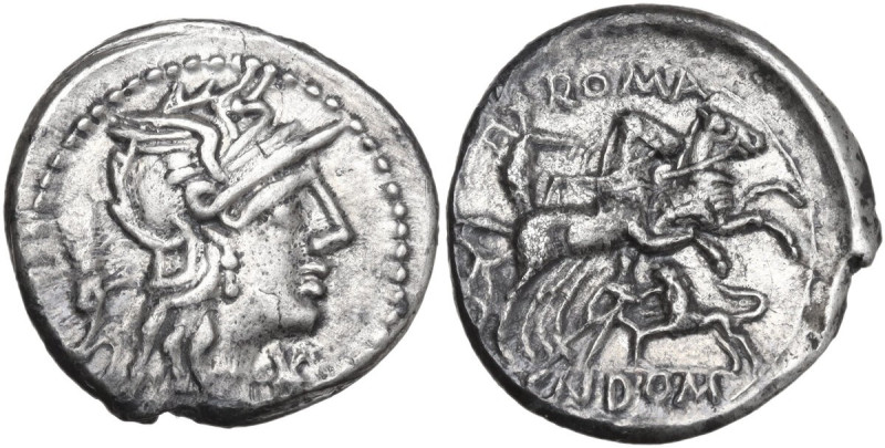 Cn. Domitius Ahenobarbus. AR Denarius, 128 BC. Obv. Helmeted head of Roma right;...