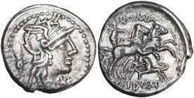 Cn. Domitius Ahenobarbus. AR Denarius, 128 BC. Obv. Helmeted head of Roma right; behind, corn-ear; below chin, barred X. Rev. Victory in biga right; a...
