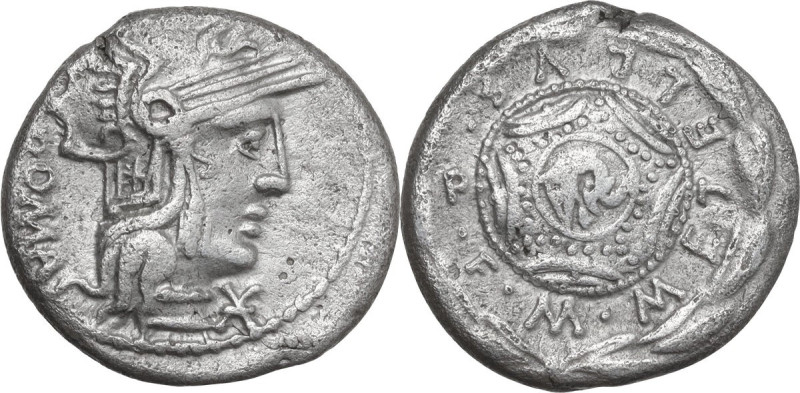 M. Caecilius Q.f. Q.n. Metellus. AR Denarius, 127 BC. Obv. Helmeted head of Roma...