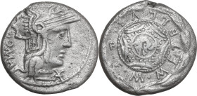 M. Caecilius Q.f. Q.n. Metellus. AR Denarius, 127 BC. Obv. Helmeted head of Roma right; behind, ROMA downwards; below chin, barred X. Rev. Macedonian ...