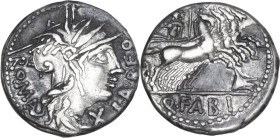 Q. Fabius Labeo. AR Denarius, 124 BC. Obv. Helmeted head of Roma right; behind, ROMA; before, X and LABEO. Rev. Jupiter in quadriga right; usually bel...