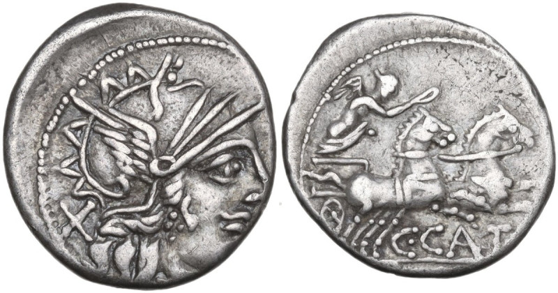 C. Porcius Cato. AR Denarius, Rome mint, 123 BC. Obv. Helmeted head of Roma righ...