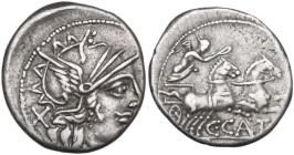 C. Porcius Cato. AR Denarius, Rome mint, 123 BC. Obv. Helmeted head of Roma right; behind, barred X. Rev. Victory in biga right; below, C·CATO; in exe...