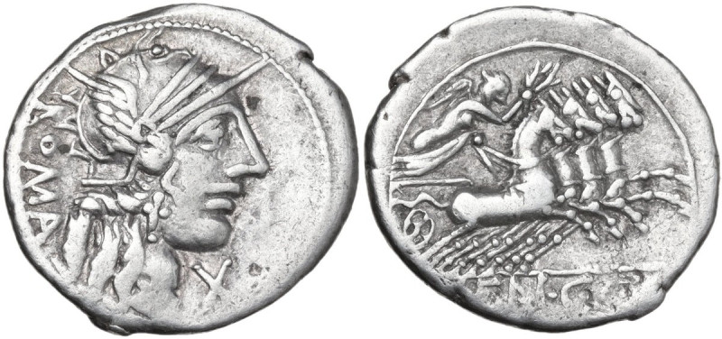 M. Fannius C.f. AR Denarius, 123 BC. Obv. Helmeted head of Roma right; behind, R...