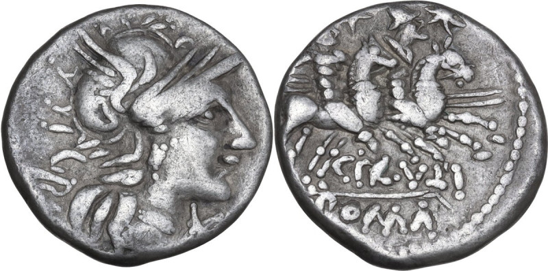 C. Plutius. AR Denarius, 121 BC, Dacian imitation. Obv. Helmeted head of Roma ri...