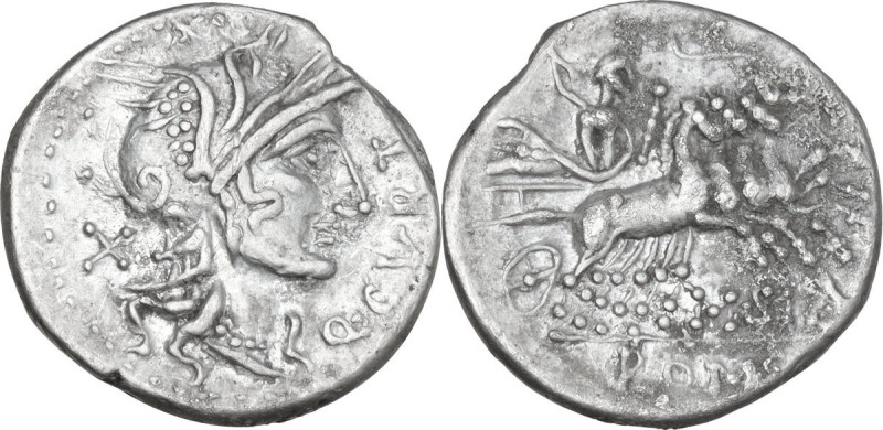 Q. Curtius and M. Silanus. AR Denarius, 116 or 115 BC. Obv. Helmeted head of Rom...
