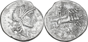 Q. Curtius and M. Silanus. AR Denarius, 116 or 115 BC. Obv. Helmeted head of Roma right; behind, X; before, Q·CVRT. Rev. Jupiter in quadriga right; ab...