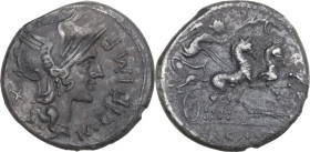 M. Cipius M.f. AR Denarius, 115 or 114 BC. Obv. Helmeted head of Roma right; behind, X; on right, M·CIPI·M·F. Rev. Victory in biga right; below, rudde...