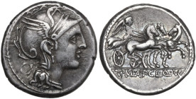 Appius Claudius Pulcher, T. Manlius Mancinus and Q. Urbinius. AR Denarius, 111 or 110 BC. Obv. Helmeted head of Roma right; behind, quadrangular devic...