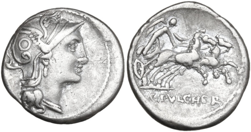 C. Claudius Pulcher. AR Denarius, 110 or 109 BC. Obv. Helmeted head of Roma righ...