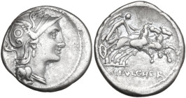 C. Claudius Pulcher. AR Denarius, 110 or 109 BC. Obv. Helmeted head of Roma right. Rev. Victory in biga right; in exergue, C·PVLCHER. Cr. 300/1; B. 1 ...