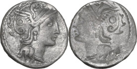 C. Claudius Pulcher. AR Brockage Denarius, 110 or 109 BC. Obv. Helmeted head of Roma right. Rev. Incuse of the obverse. Cf. Cr. 300/1; Cf. B. 1 (Claud...