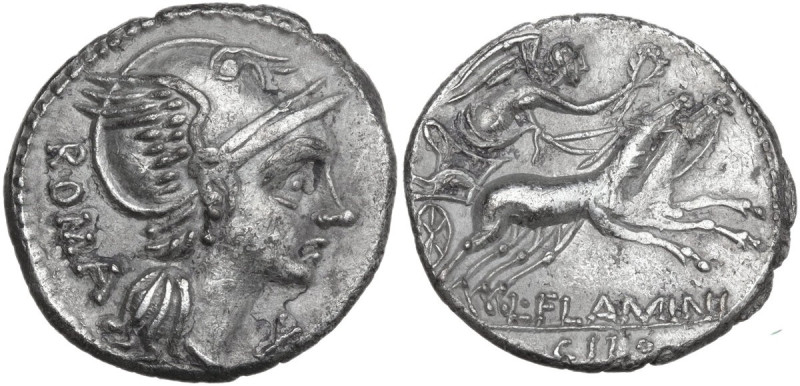 L. Flaminius Chilo. AR Denarius, 109 or 108 BC. Obv. Helmeted head of Roma right...